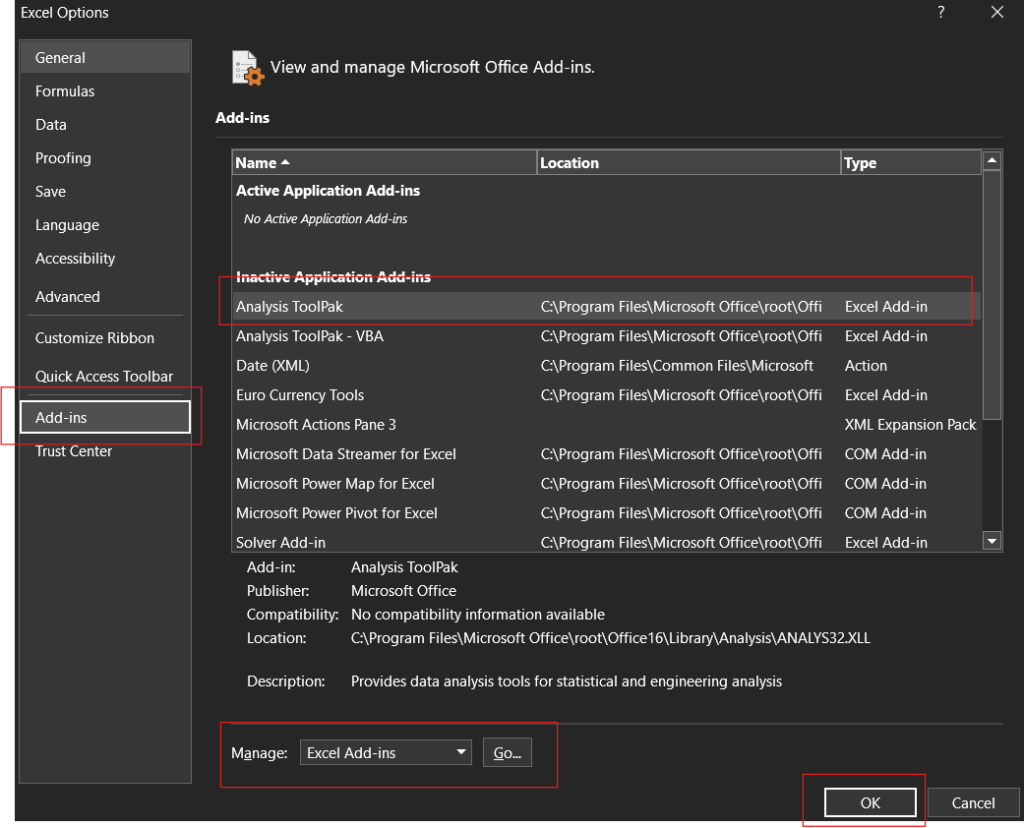 Calculate T-test using the t-test tool from the "Analysis ToolPak"